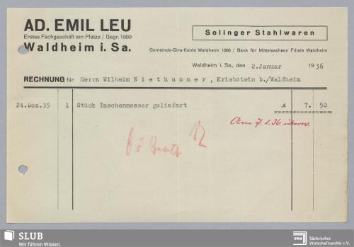 Vorschaubild von Ad. Emil Leu, Solinger Stahlwaren, Waldheim