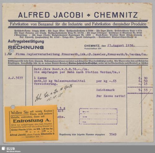 Vorschaubild von Alfred Jacobi, Chemnitz - Fabrikation von Benzanul für die Industrie und Fabrikation chemischer Produkte