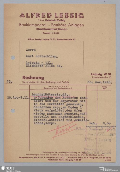 Vorschaubild von Alfred Lessig, früher Reinhold Zeibig, Bauklempnerei, Sanitäre Anlagen, Leipzig