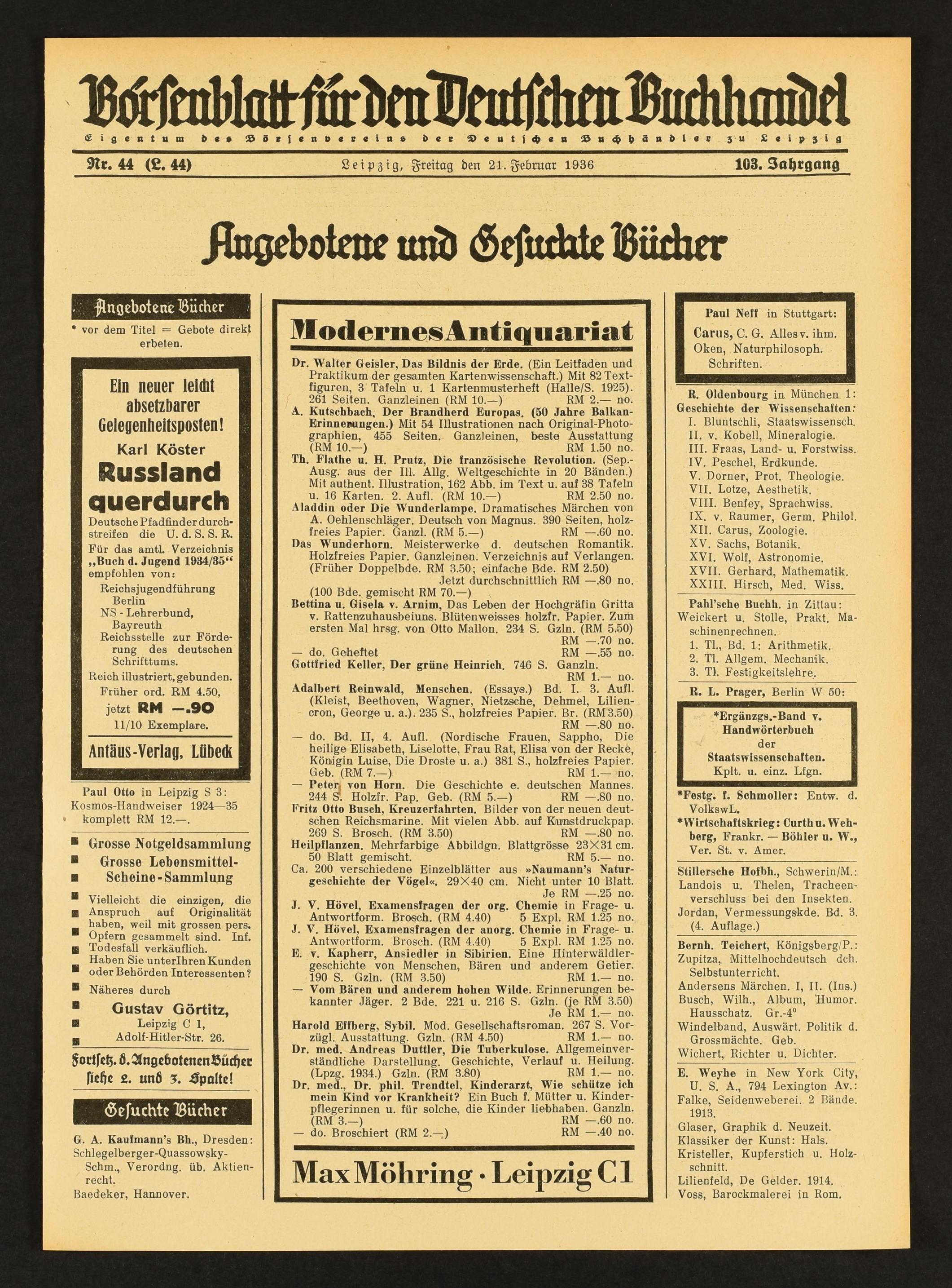Sachsen.Digital: Angebotene und gesuchte Bücher : 21.02.1936