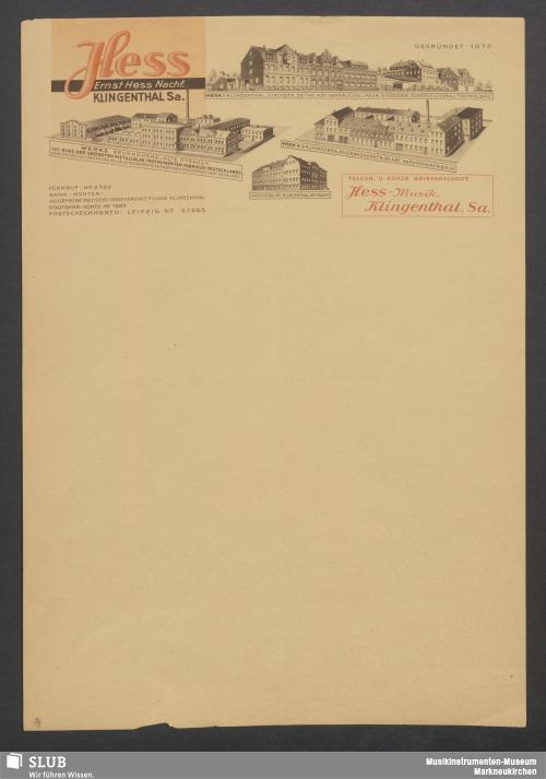 Vorschaubild von Hess, Ernst Hess Nachf., Klingenthal Sa., Metallblas-Instrumenten-Fabrik
