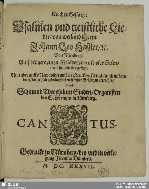 Vorschaubild von KirchenGesäng: Psalmen und geistliche Lieder, von weiland Herrn Johann Leo Haßler, [Zeichen für etc.] Von Nürnberg