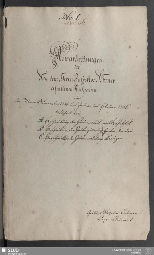 Vorschaubild von Ausarbeitungen des Von dem Herrn Inspektor Werner erhaltenen Aufgaben aus den Monath December 1785. und Januar und Februar 1786. - 17.6060 4.