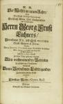 Vorschaubild von Der Wechsel im neuen Jahre, Wird Bey Christ-Löblicher Verwahrung Des ... Herrn Georg Ernst Eichners, ... Welcher ... Den 5. Januar. 1703 sanffte und seelig von der Welt abgefodert, Und den 12 Januar. darauff Zu seiner Ruhe gebracht worden. ... Denen Vornehmen Leidtragenden Zu Gottergebenen Troste vorgestellet