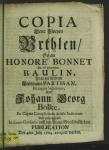 Copia Derer Zweyen Urthlen, So an Honore Bonnet ... Und Johann Georg Bölke, ... Auff vorhergehende In Loco Consueto auff dem Neuen Marckt beschehene Publication Den 4ten Julij 1704. exequirt worden